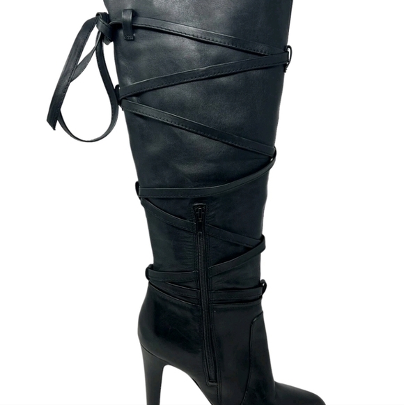 Vince Camuto New Black Leather Lace-Up Knee-High Boots Sz 6 - Picture 3 of 5